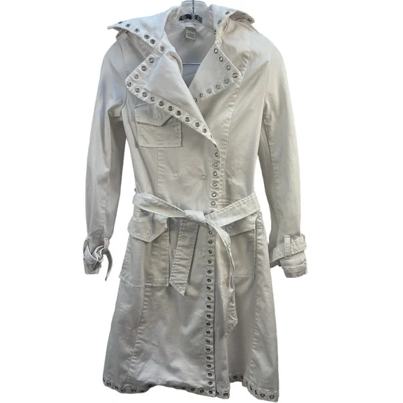 9.8 Jeans White Trench Coat Studded Belted Waist Single-Breasted Small - Picture 2 of 11